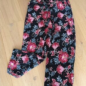 LOFT Black Floral Wide-Leg Pants with Pink & Blue Blossoms